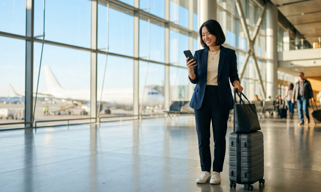 海外に到着してすぐに、ストレスなくスマートフォンがネットに繋がった喜びや安心感を表現