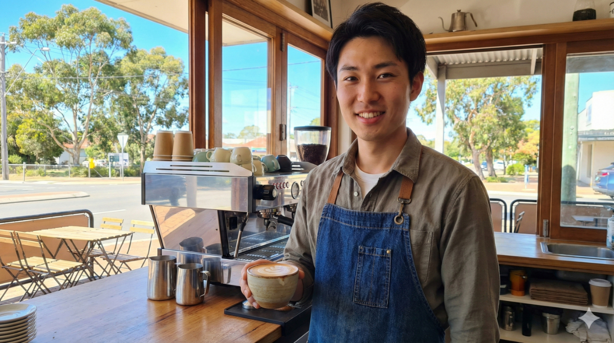 オーストラリアのカフェでバリスタとして笑顔で働く日本人男性のワーキングホリデーの様子