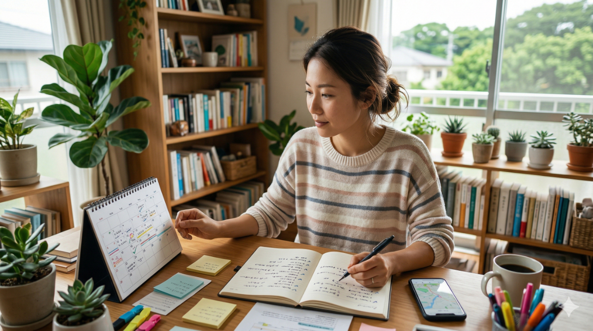 カレンダーと手帳を見ながら、海外旅行のスケジュールを立てる日本人の女性。複数のタスクを色分けして管理している。
