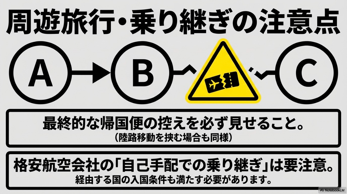 最終的な帰国便の控えの提示と、格安航空会社の自己手配乗り継ぎの注意点を解説するスライド