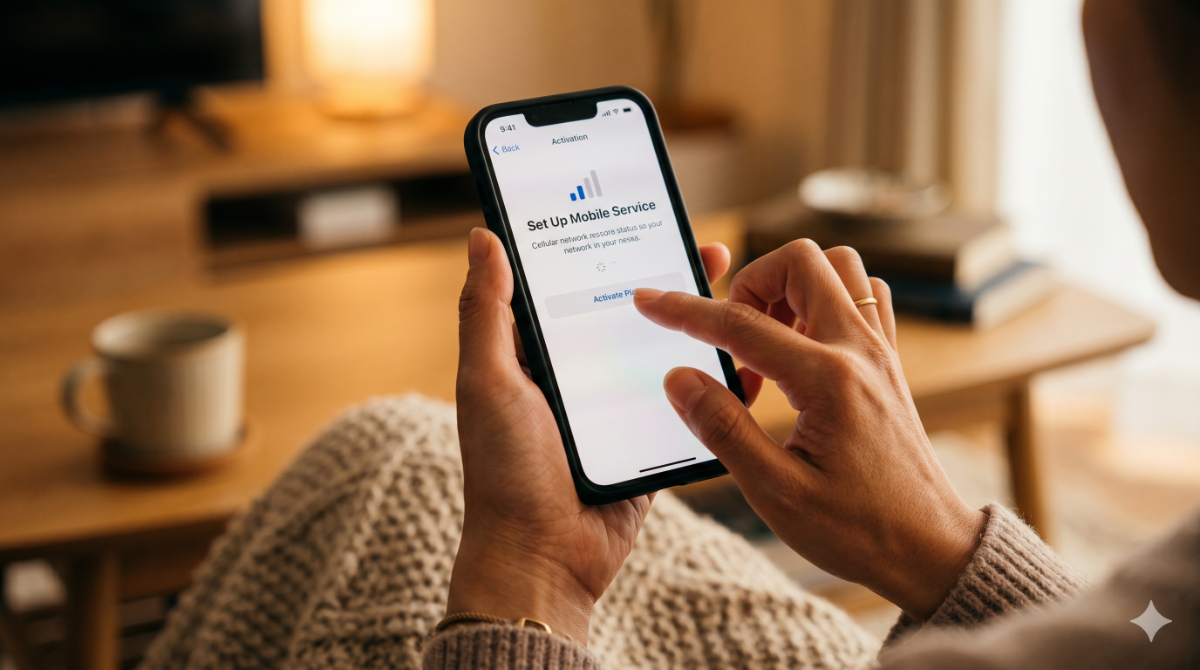 スマートフォンの画面操作のみで手軽にeSIMの設定を完了させる様子