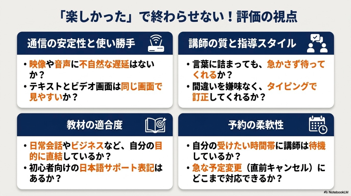 通信の安定性と使い勝手、講師の質と指導スタイル、教材の適合度、予約の柔軟性という体験レッスン評価のチェックリスト