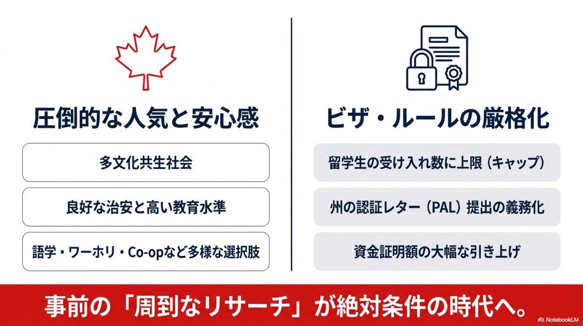 カナダ留学の圧倒的な人気や多様な選択肢といった特徴と、近年のビザ・ルールの厳格化についてまとめたスライド