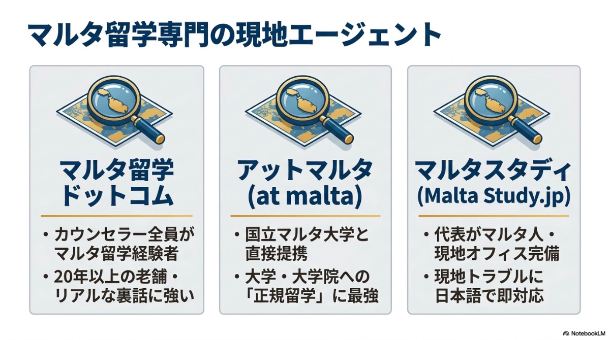 マルタ留学ドットコム 、アットマルタ 、マルタスタディ など、マルタ留学に特化した専門・現地エージェントの特徴比較