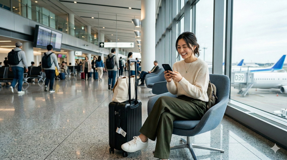 海外旅行に向けて空港の出発ロビーでスマートフォンを笑顔で操作する若い日本人女性。