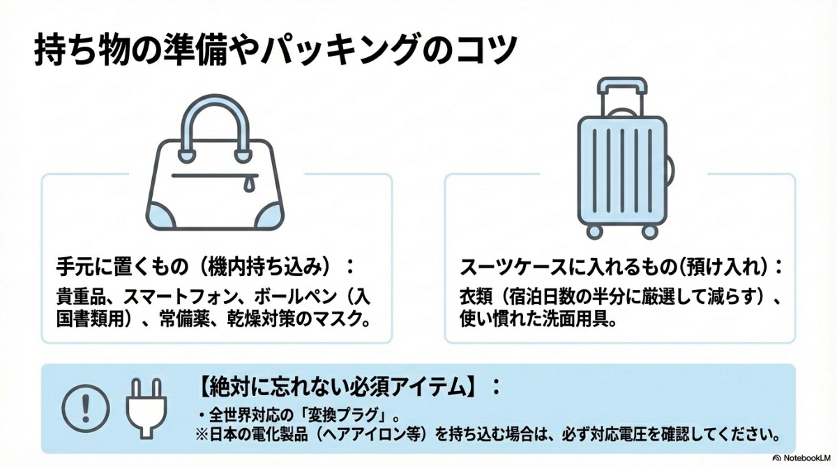 機内持ち込みと預け入れ荷物の分け方、変換プラグなどパッキングの必須項目