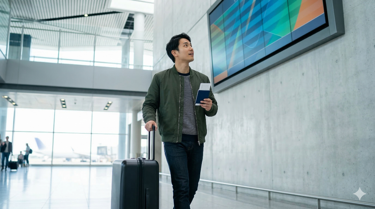 海外の近代的な空港ターミナルで乗り継ぎ手続きを確認する日本人旅行者