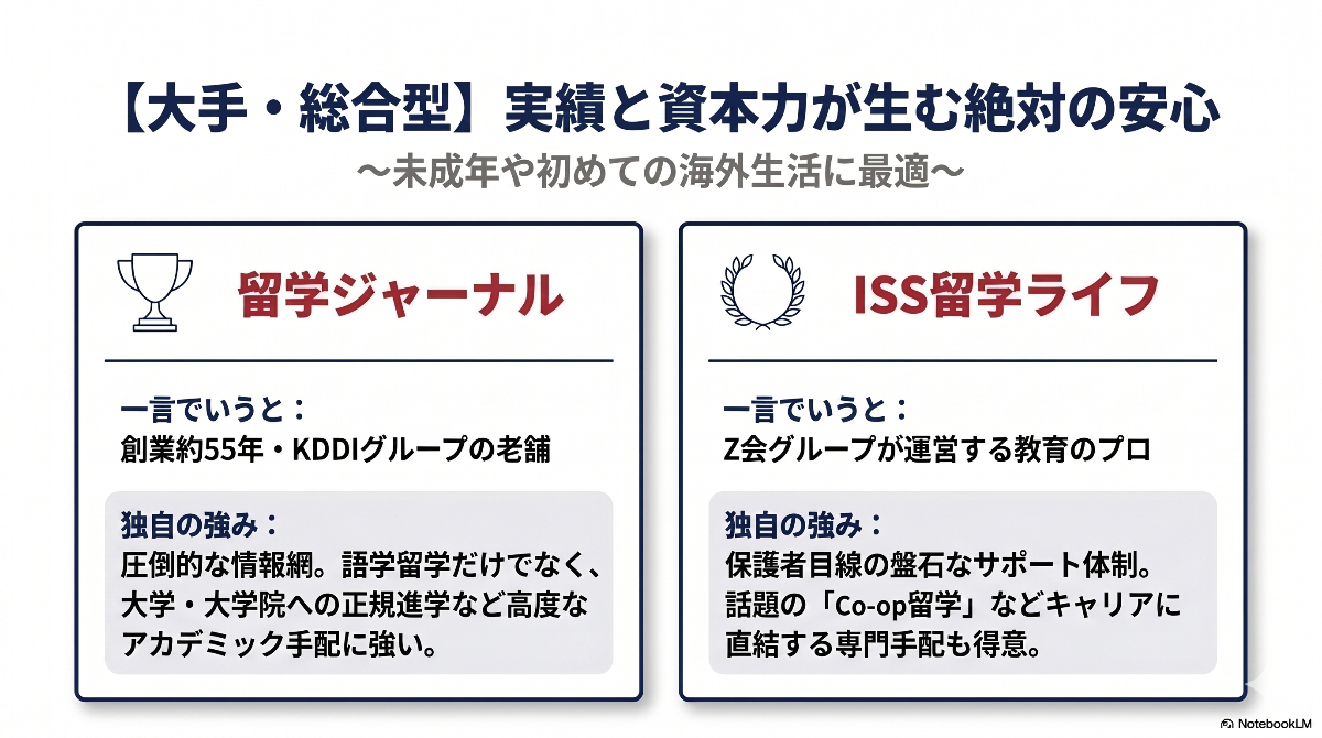 実績と資本力が生む絶対の安心感が強みの大手・総合型エージェントとして、留学ジャーナルとISS留学ライフの特徴を紹介したスライド