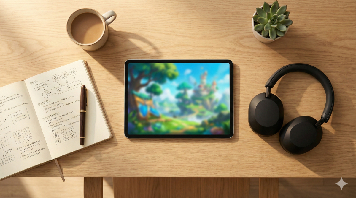 アニメを見ながら勉強ツール（ノートやペン）を使っている様子。楽しみながらも学習している雰囲気。