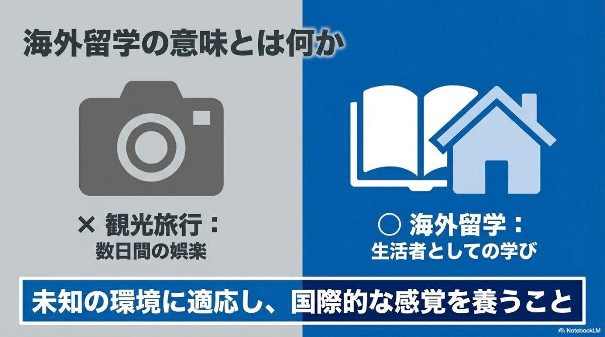 観光旅行と海外留学の違いを比較した図解。観光は数日間の娯楽、留学は生活者としての学びであり、未知の環境に適応し国際的な感覚を養うことと説明しています。