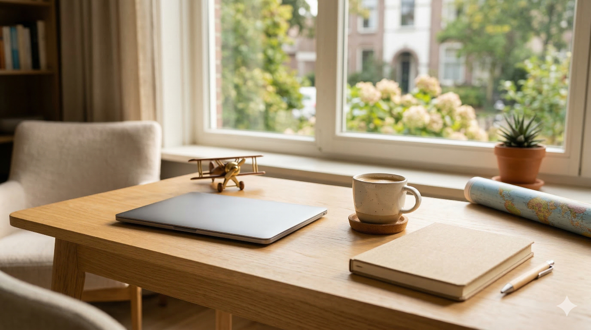 旅行の計画・検索を連想させるデスク上の風景