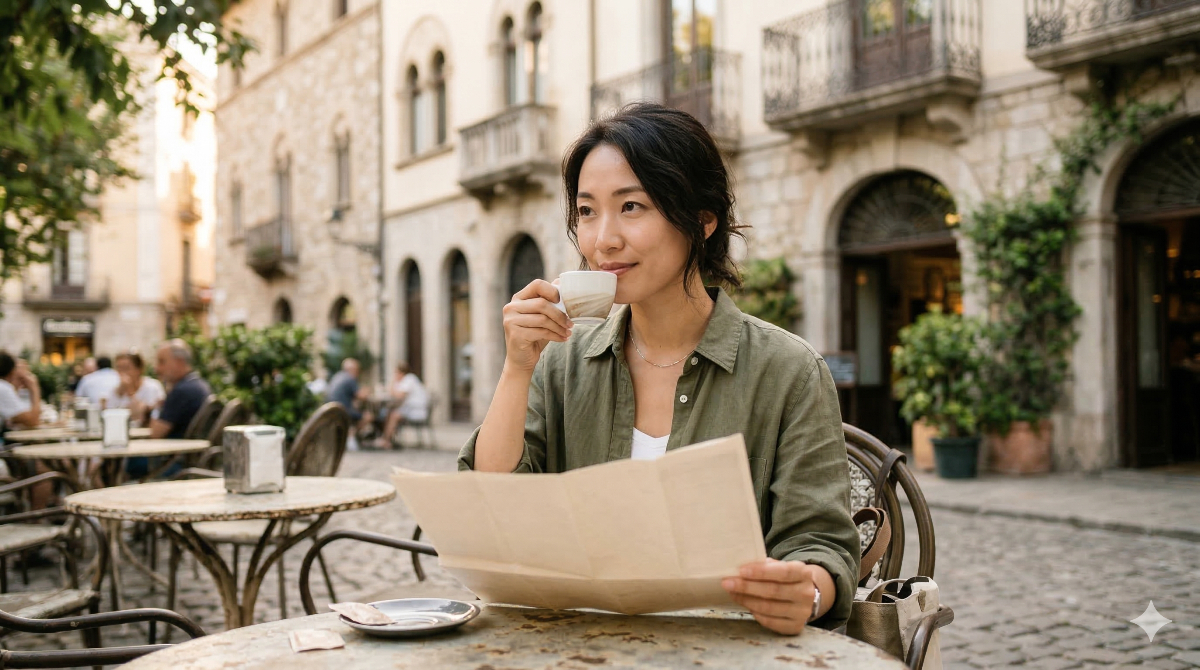 ヨーロッパのカフェでくつろぐ日本人女性のストップオーバー観光のイメージ