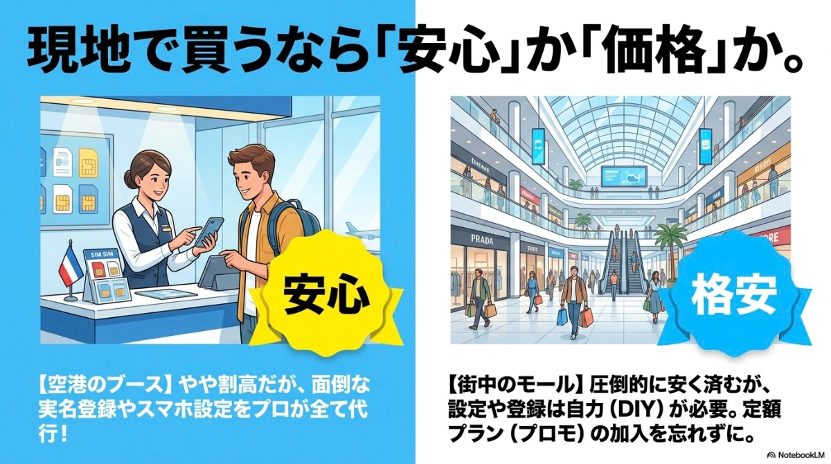 安心な空港の販売ブースと格安な街中のショッピングモールでのSIMカード購入の違いを比較したイラスト