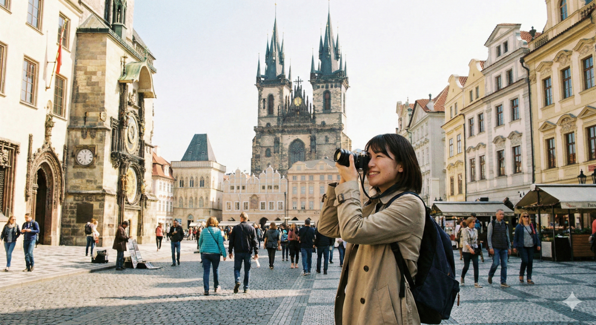 チェコのプラハ旧市街広場で、歴史的な街並みをカメラで撮影する日本人女性旅行者。ヨーロッパで比較的安い東欧の魅力的な風景。