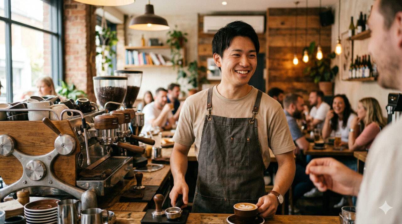 海外のカフェで働く日本人男性のワーホリのイメージ