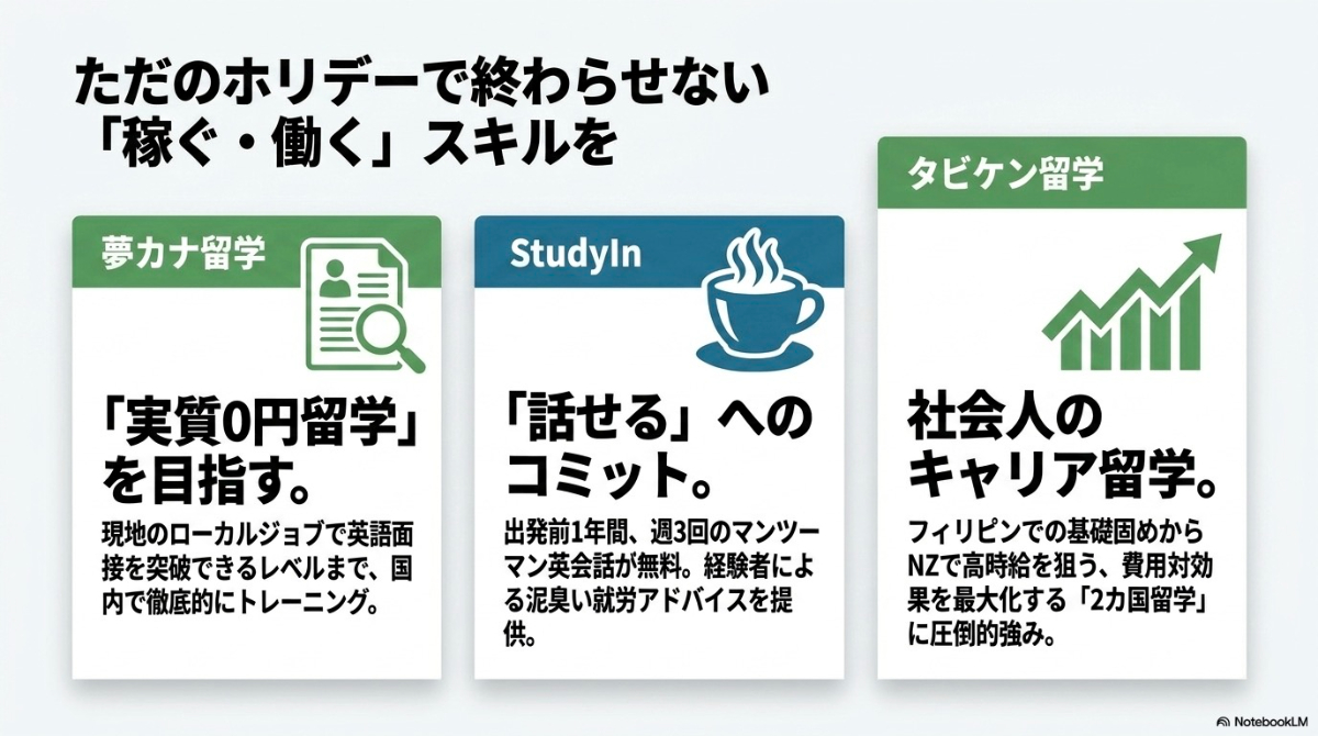 英語面接対策の夢カナ留学、事前英会話無料のStudyin、2カ国留学に強いタビケン留学のワーホリ支援内容をまとめたスライド