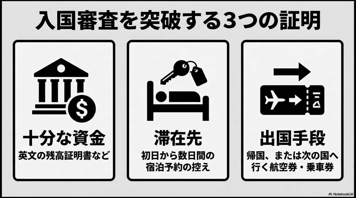 入国審査を通過するために必要な「十分な資金」「滞在先」「出国手段」の3つの客観的証明