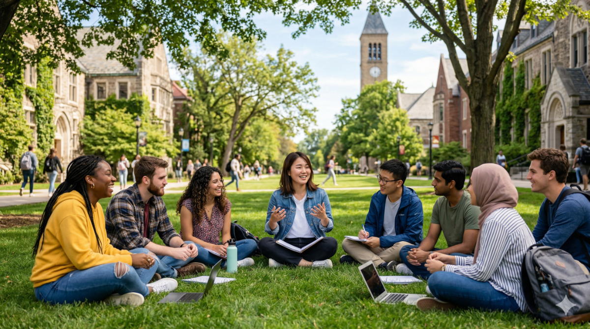 多国籍な学生とキャンパスで楽しく会話する日本人女子学生の様子