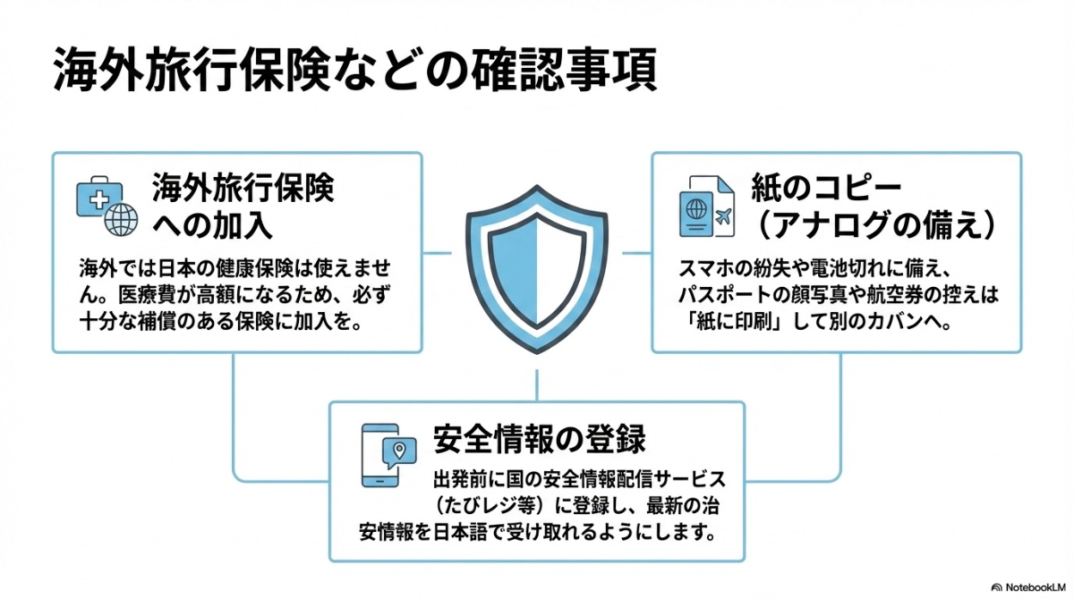 海外旅行保険への加入、書類の紙コピー準備、たびレジへの安全情報登録