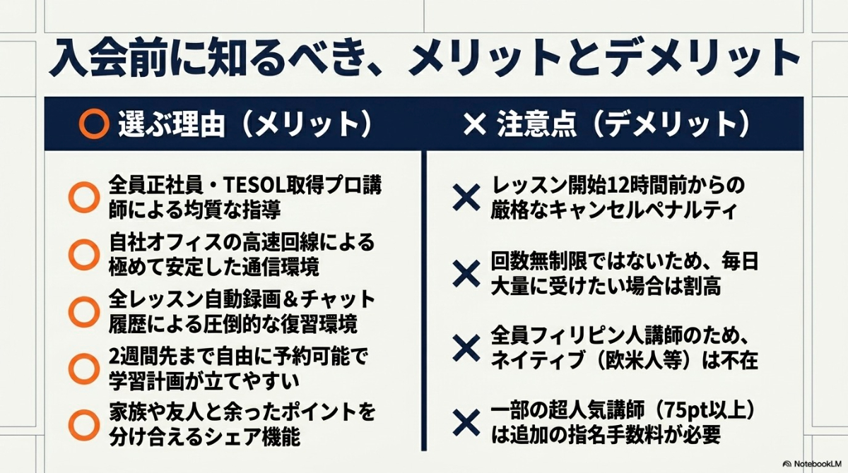 QQEnglishを利用するメリット(選ぶ理由)とデメリット(注意点)の比較表