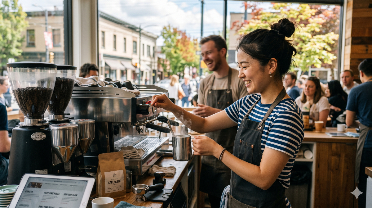 ワーキングホリデー先のカフェで、元気にバリスタとして働く笑顔の日本人女性。