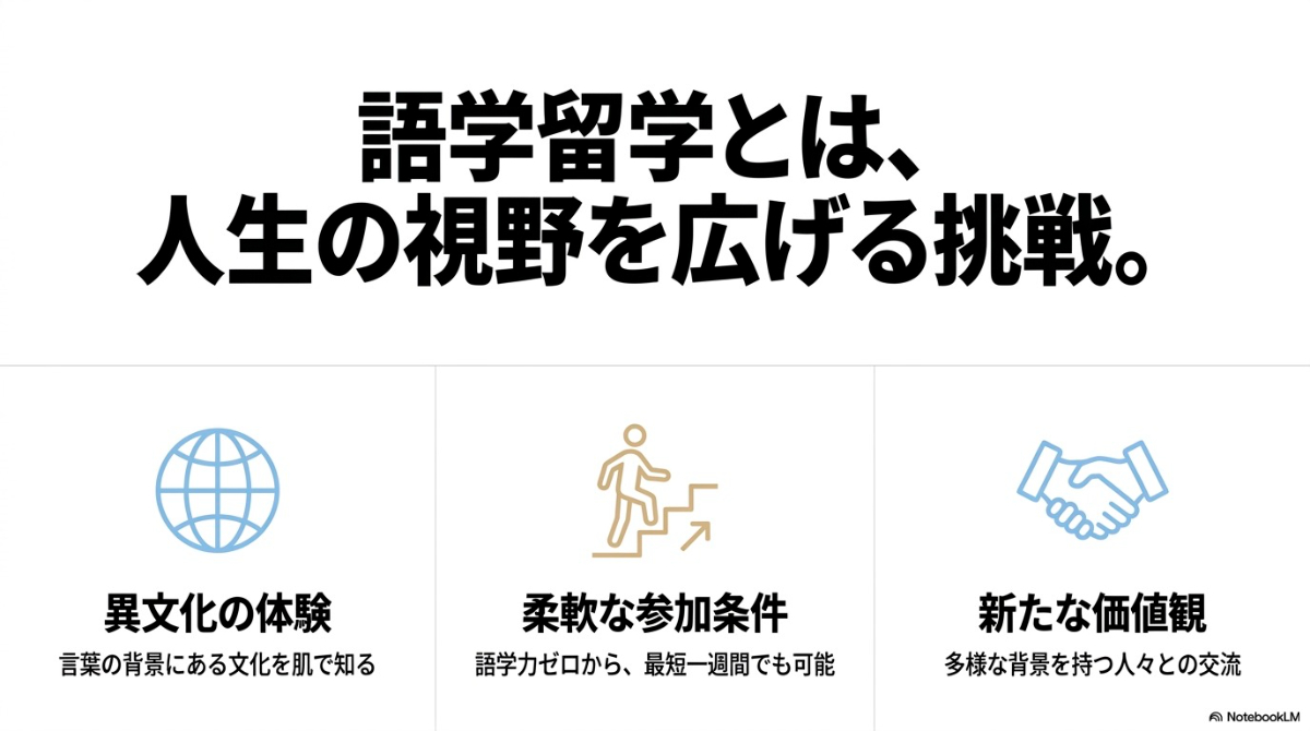 語学留学とは、人生の視野を広げる挑戦。異文化体験や柔軟な参加条件など新たな価値観を得る機会。