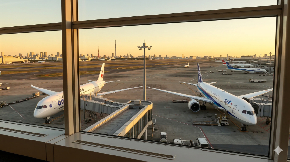 空港でJALとANAの旅客機が並んでいるイメージ