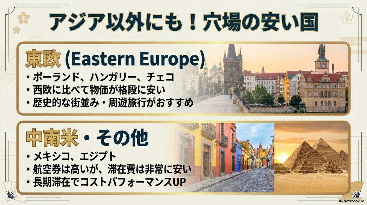 東欧や中南米など、アジア以外で海外旅行費用が安い穴場の国を紹介するスライド