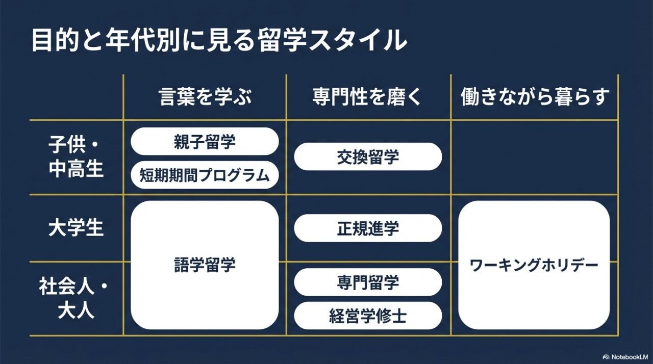 子供から大人までの年代と、言葉を学ぶ、専門性を磨く、働きながら暮らすといった目的別に、最適な留学スタイルをまとめたマトリクス表。