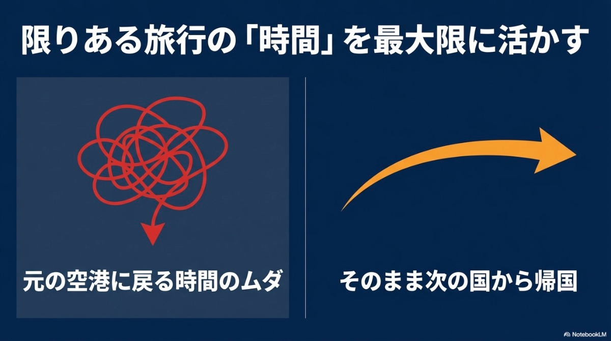 元の空港に戻る時間のムダを省き、そのまま次の国から帰国して時間を有効活用するオープンジョーのメリット