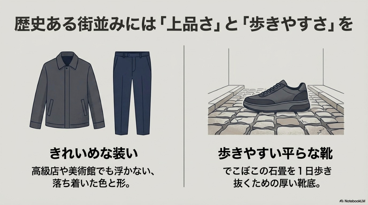 ヨーロッパの歴史ある街並みになじむ上品な装いと、石畳を歩き抜くための平らで厚みのある靴