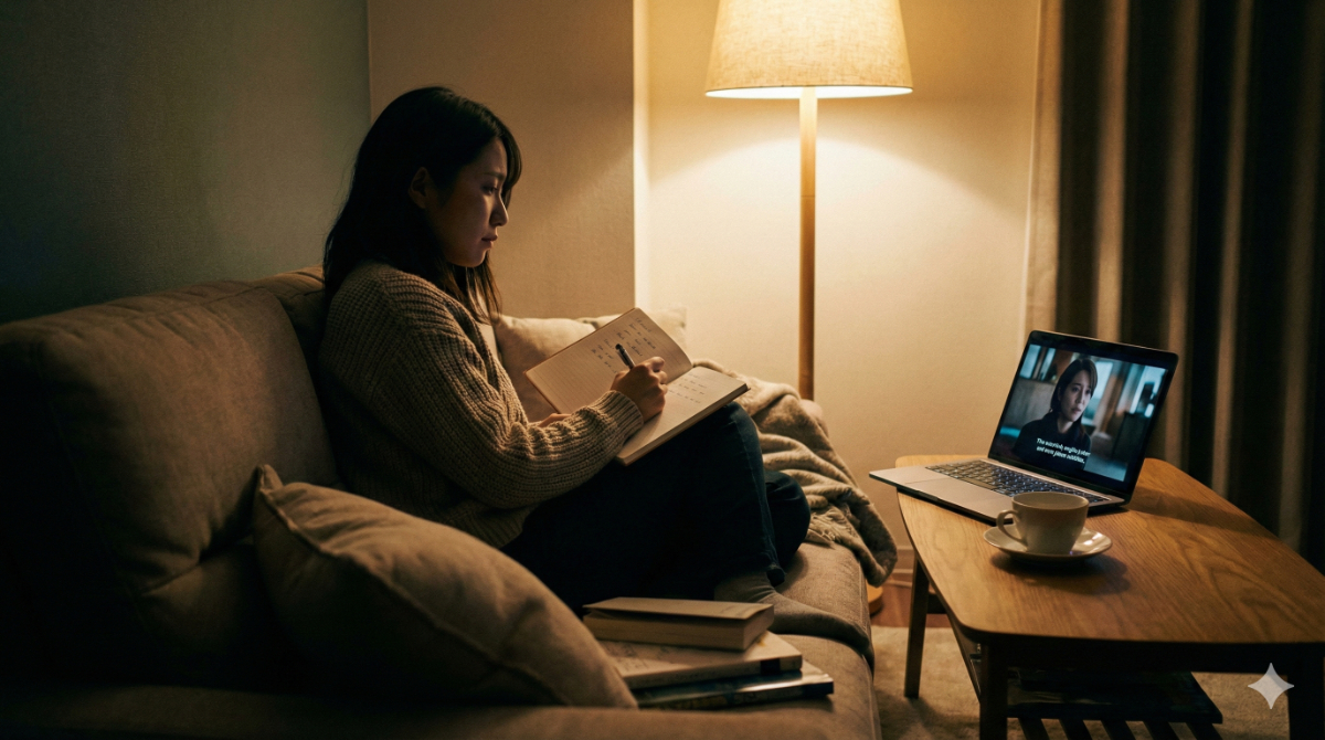 自宅でリラックスしながらパソコンで海外ドラマや映画を視聴し、気になったフレーズをノートに書き留めて英語学習に役立てる日本人女性