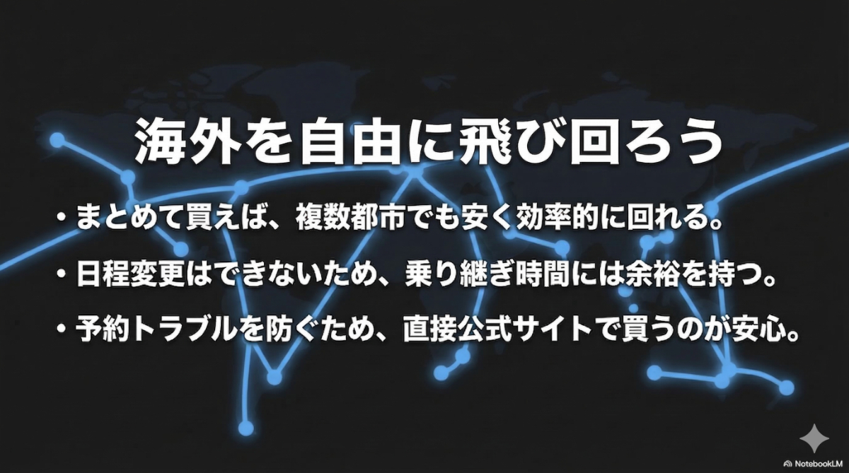 複数都市を安く回るポイントや乗り継ぎの注意点など、周遊航空券の要点まとめスライド