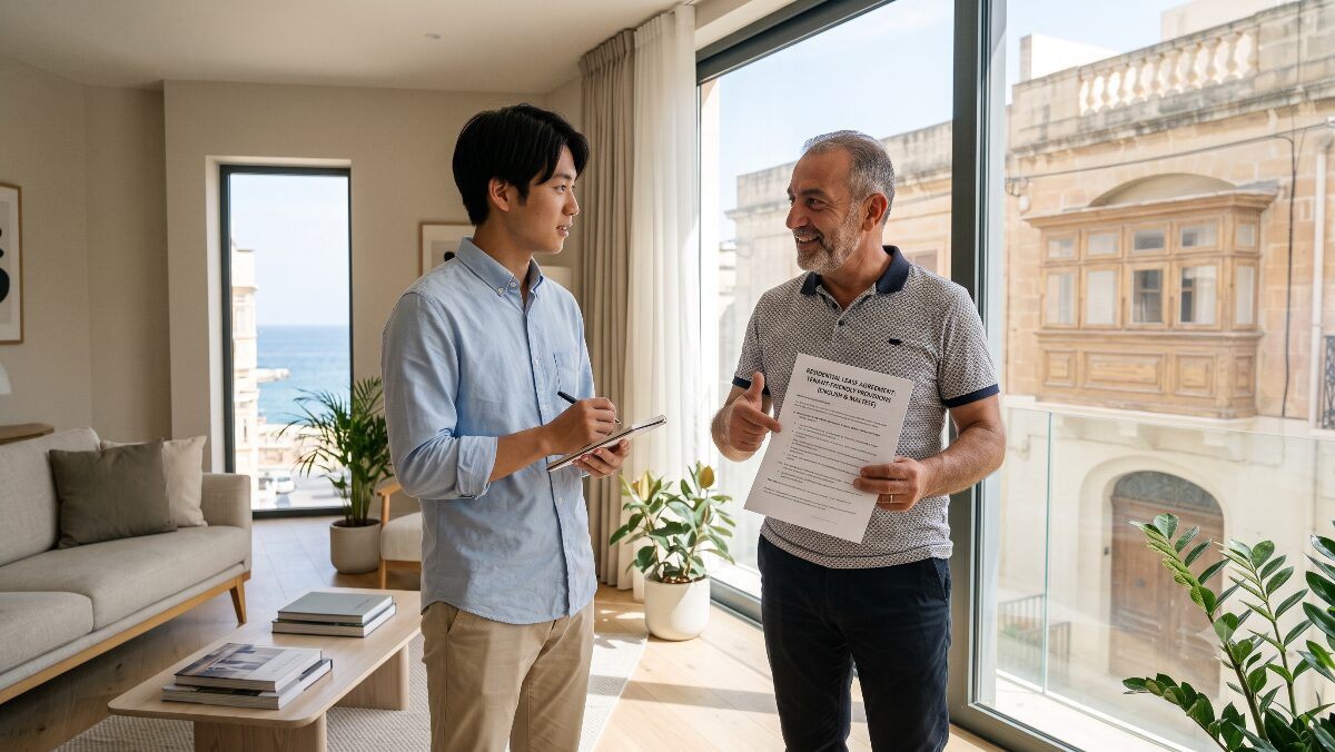 マルタでの部屋探しにおいてトラブルを避けるために部屋の設備を内見する日本人男性