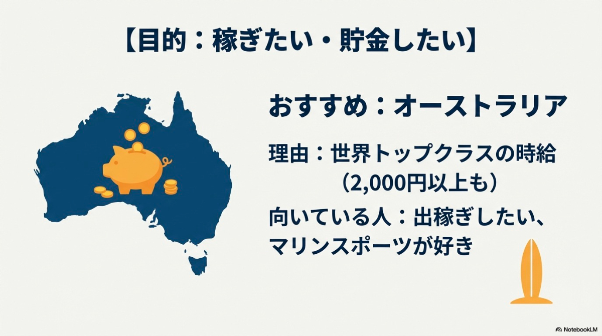 稼ぎたい・貯金したい人におすすめの国としてオーストラリアを紹介するイラスト。世界トップクラスの時給が魅力。