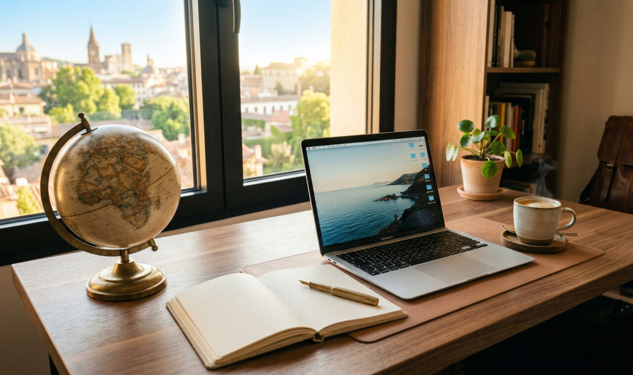 海外移住に向けて情報収集をしているデスク周りの風景