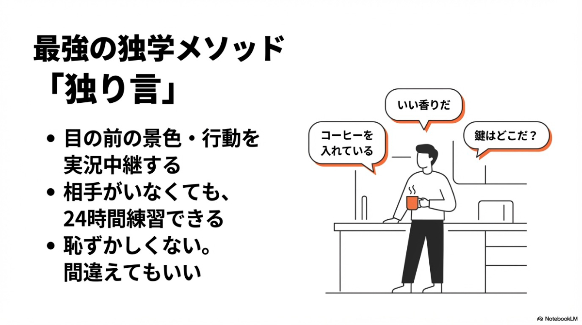コーヒーを入れている男性が、「いい香りだ」「鍵はどこだ?」と動作や状況を英語で実況中継しているイラスト 。