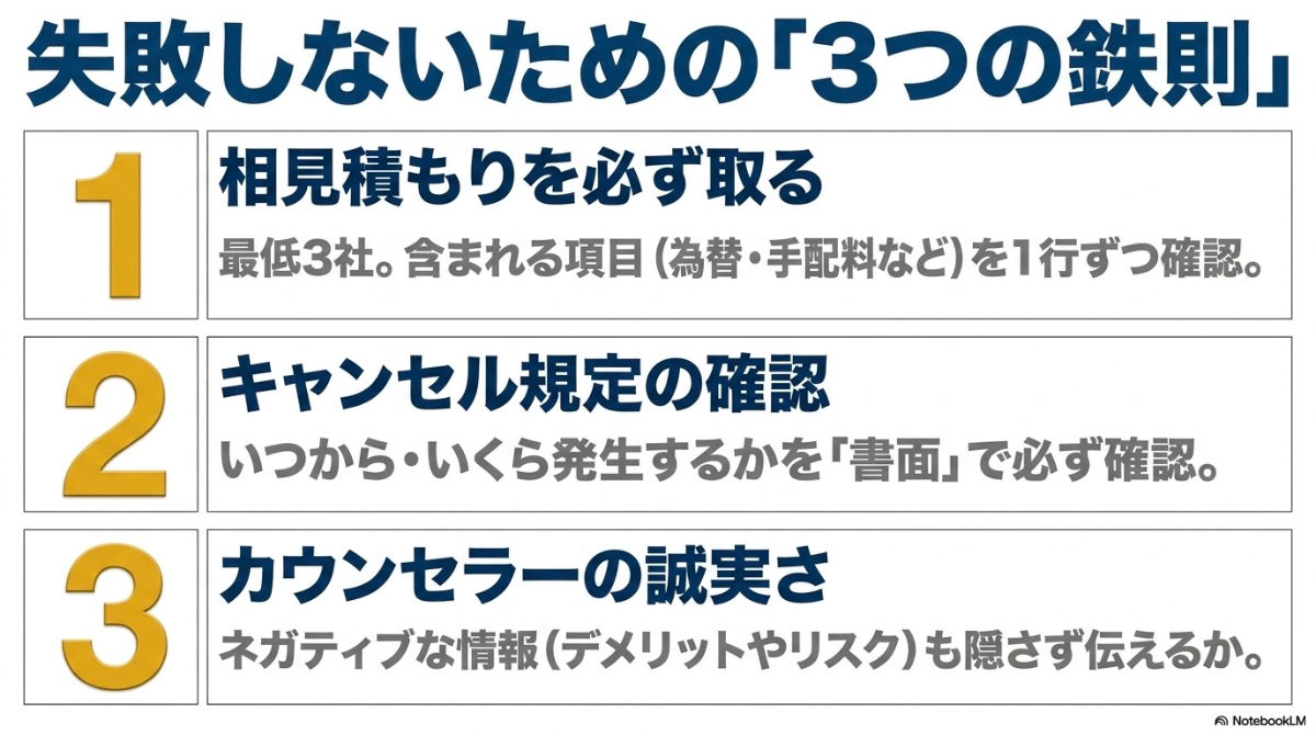 相見積もりを必ず取る 、キャンセル規定の確認 、カウンセラーの誠実さ という、エージェント選びで失敗しないための3つの鉄則