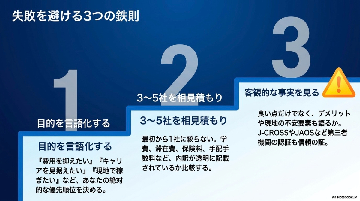 エージェント選びで失敗を避ける3つの鉄則。目的の言語化、3〜5社での相見積もり、客観的な事実の確認