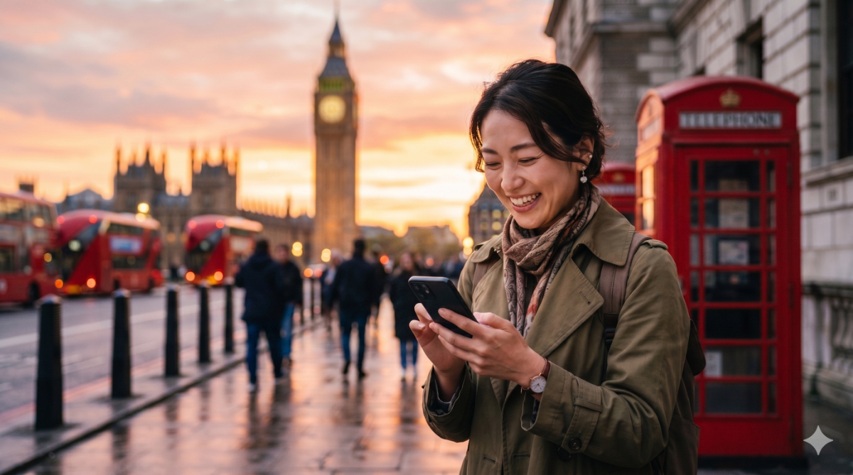 日本人の女性旅行者がロンドンの街中で快適に通信を利用している様子