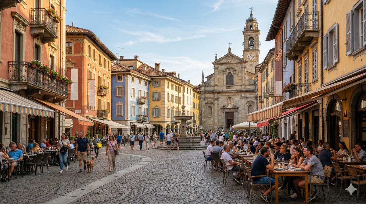 治安が良く美しいヨーロッパの歴史的な石畳の街並みと、オープンカフェでくつろぐ人々の様子