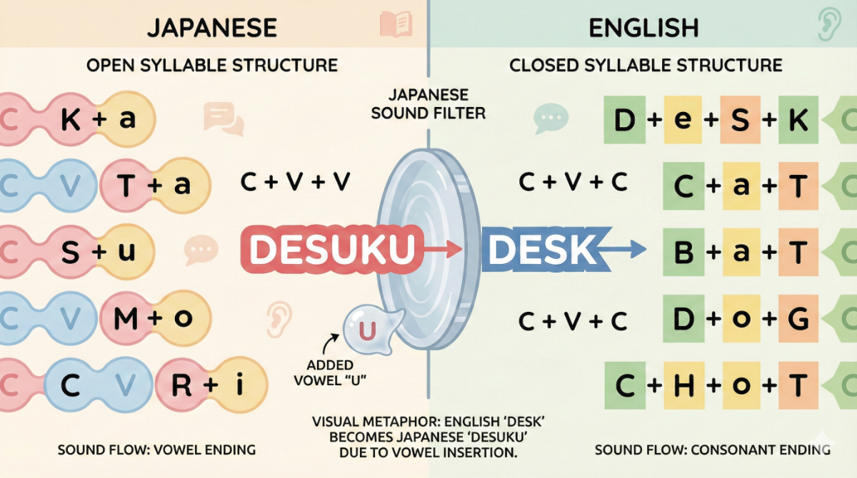 日本語の「子音＋母音」構造と英語の「子音で終わる」構造の違い、「desk」が「desuku」と認識される母音の幻聴、カタカナ英語による混乱を図解したイラスト。