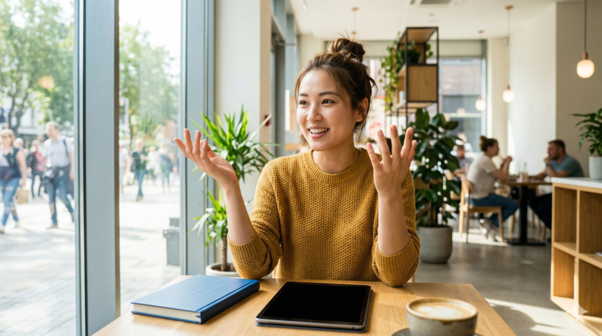 リスニング、リーディング、スピーキングなど、目的に合わせて楽しく学習環境を整えているイメージ