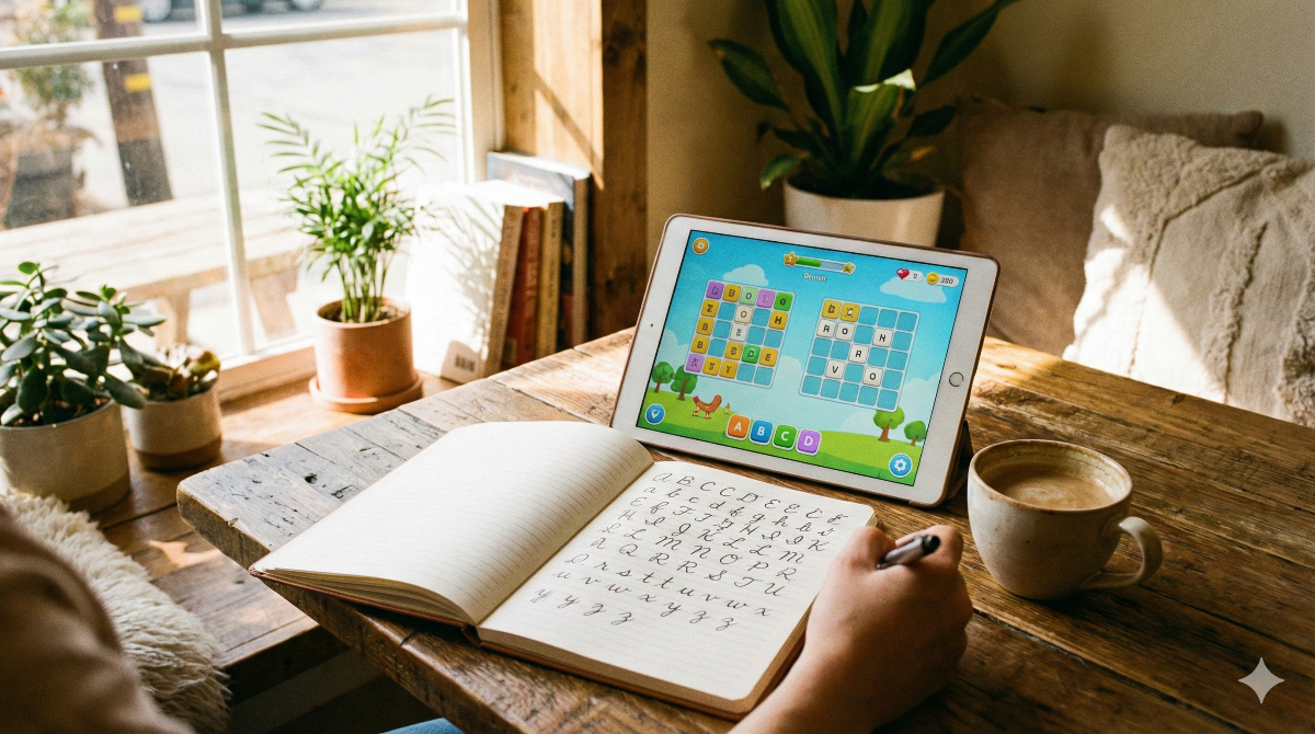 カフェや自宅で、ノートとタブレットを使いながらリラックスして英語のスペル学習に取り組んでいるポジティブな様子。