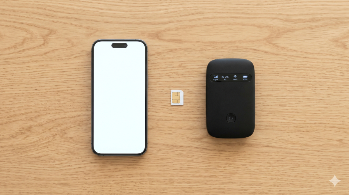 シンプルなテーブルの上に、eSIM対応スマートフォン、物理SIMカード、ポケットWi-Fiルーターが並べられ、通信手段を比較している様子。