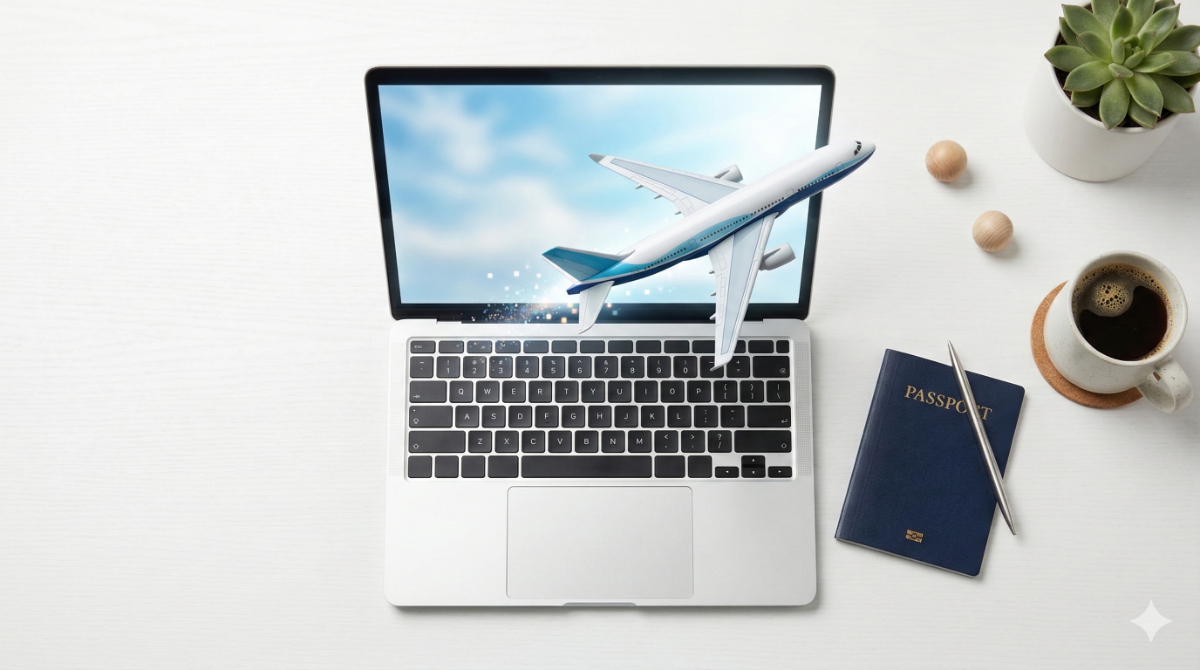 ノートパソコンから飛行機が飛び立つようなイメージで、「ネットで航空券を買う」というテーマを直感的に伝えます。