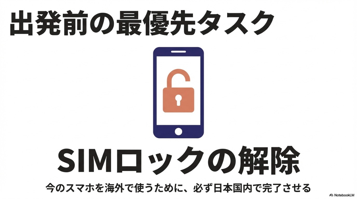 今のスマホを海外で使うために、日本国内で必ず完了させるべき出発前の最優先タスクであるSIMロックの解除
