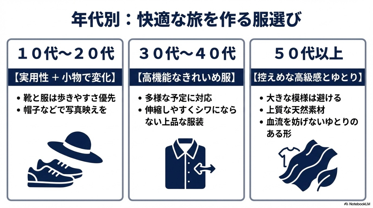 年代別の服選びのポイントを要約したスライド