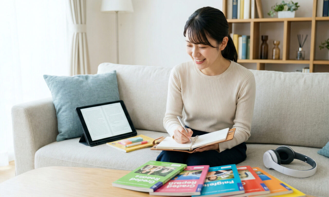 明るいリビングで、タブレット、洋書、ヘッドフォンに囲まれて学習計画を立てている日本人女性。