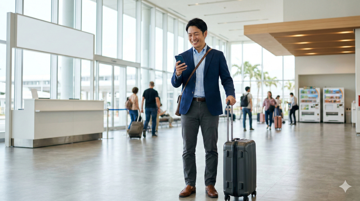 日本へ一時帰国し、空港の到着ロビーでスムーズにスマートフォンをインターネットに接続する日本人男性